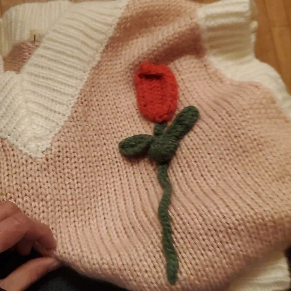PINK RIPPLE SIZE XL Pink and White Sweater Vest with Rose Embroidery - Picture 10 of 10